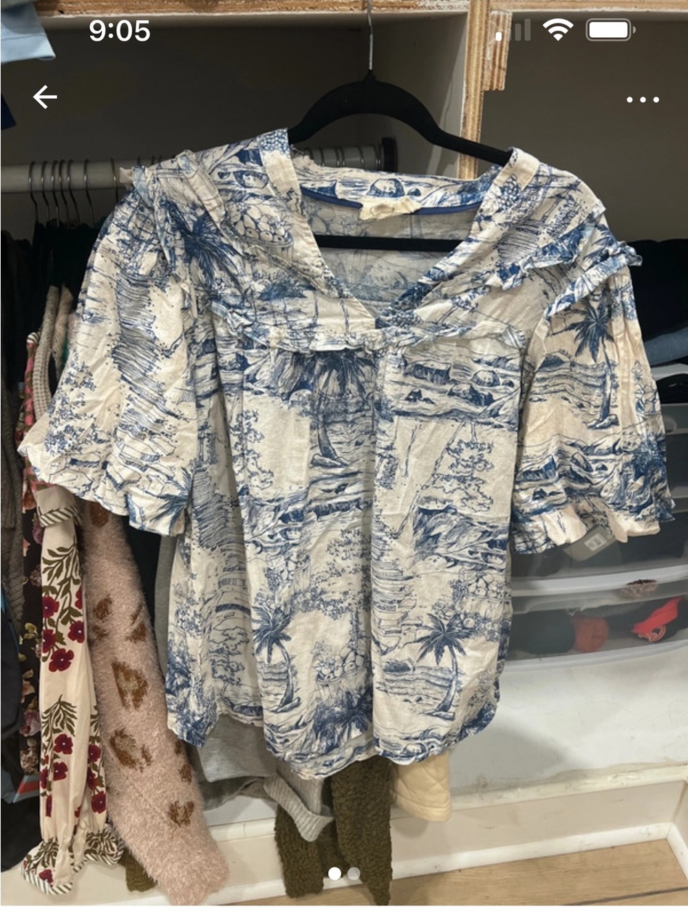 Umgee Cream and Navy Scenic Print Off-Shoulder Blouse